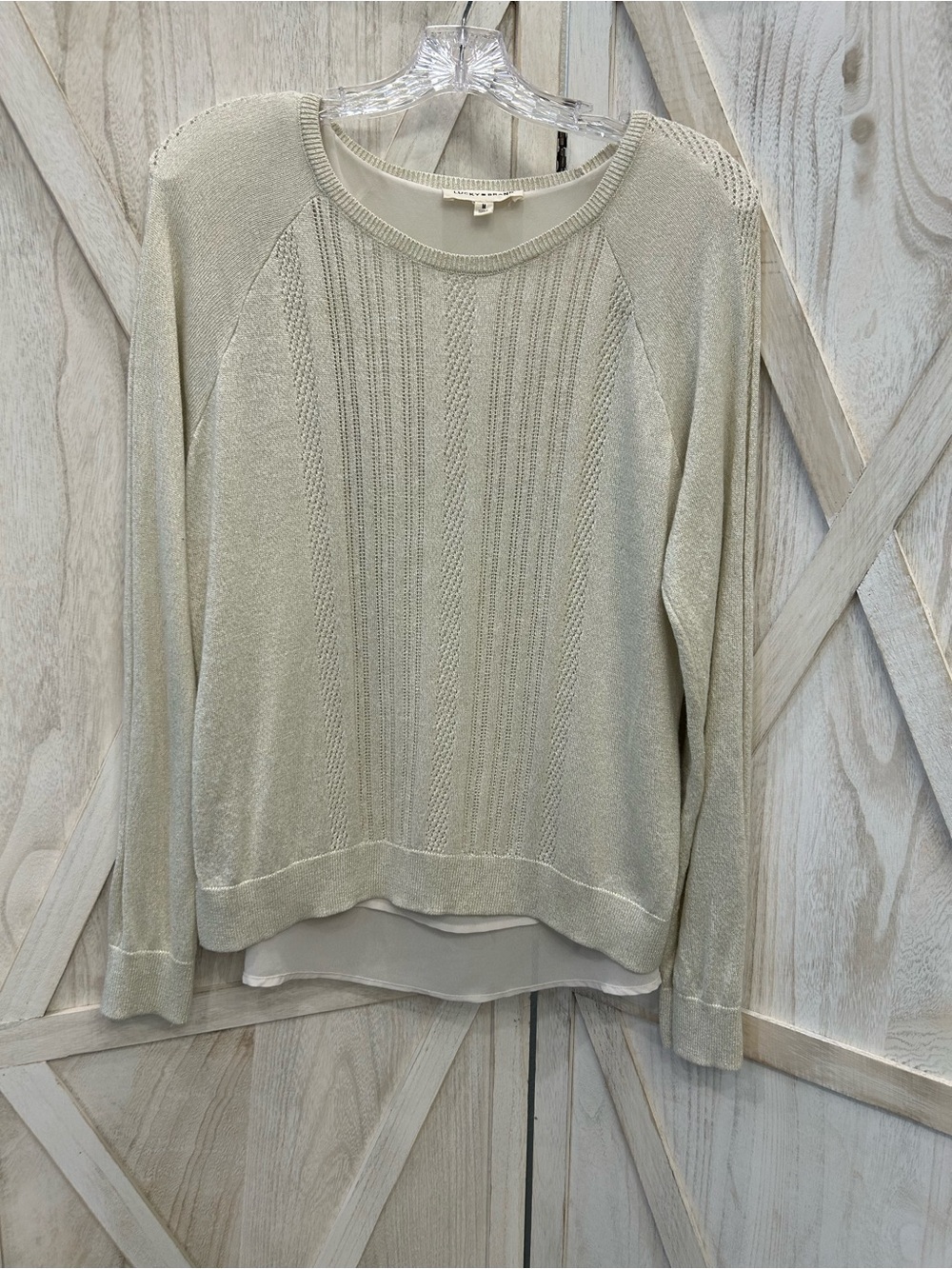 Lucky Brand Cream Knit Scoop Neck Sweater with Sheer Layer